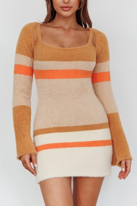 Fuzzy Knit Long Sleeved Multi Stripe Mini Dress - PROMPARTY