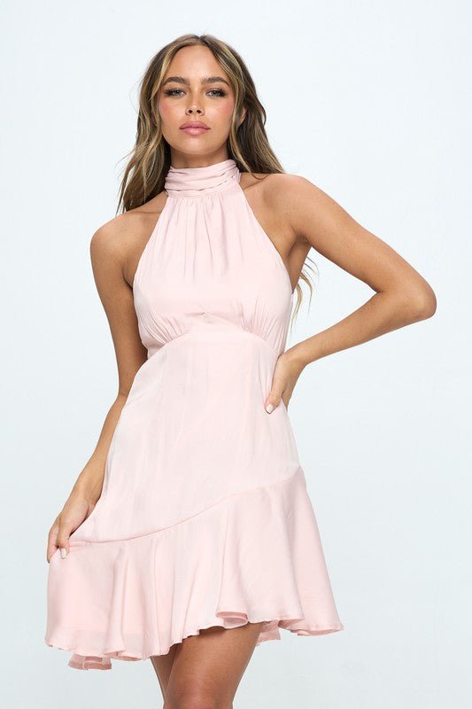 Halter Neck Satin Mini Dress - PROMPARTY