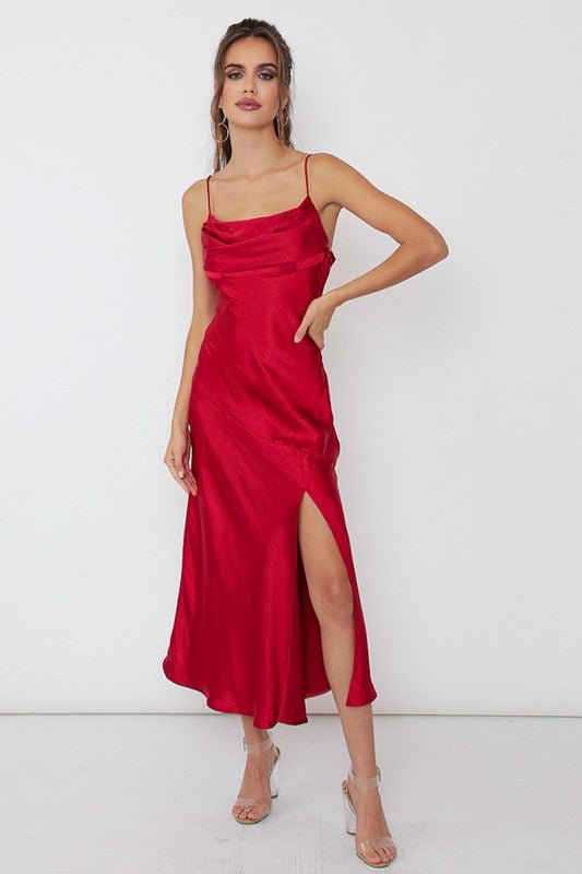 Satin Side Slit Midi Dress - PROMPARTY