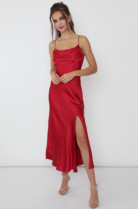 Satin Side Slit Midi Dress - PROMPARTY